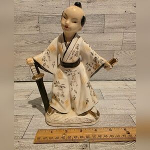 Hand-Painted Ceramic Samurai Figure in Cream and Black